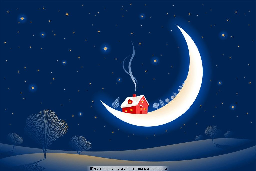月亮 小屋 月牙 弯月 星空 夜空 星星 炊烟 风景漫画 动漫动画 设计