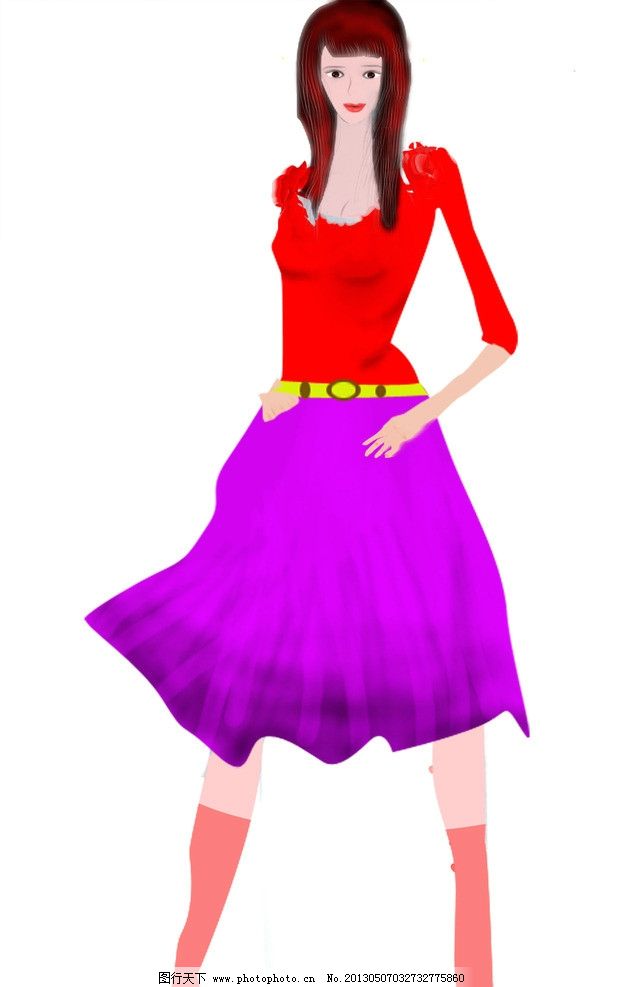 手绘1美女图片,美女紫色美女球迷裙子红色上衣黄色动画图片