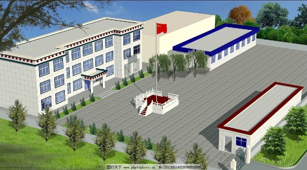 藏式建筑外观效果图 乡政府 外观效果图 绿化效果图 西藏建筑 旗台 建筑设计 环境设计 源文件 72DPI PSD