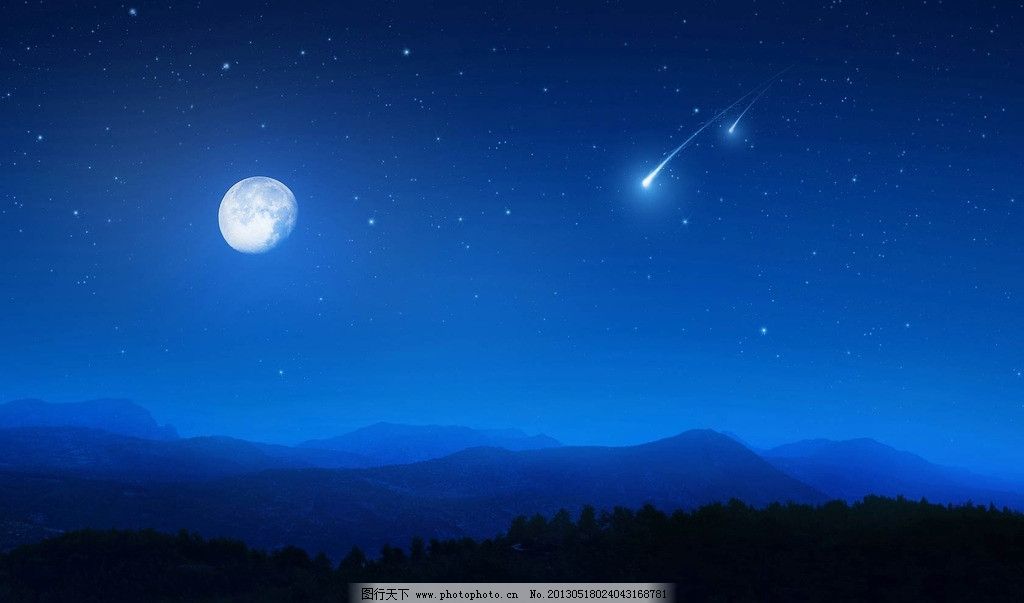 夜空 夜晚 美景 天空 晚上 月亮 月光 流星雨 星星 唯美 电脑壁纸图片
