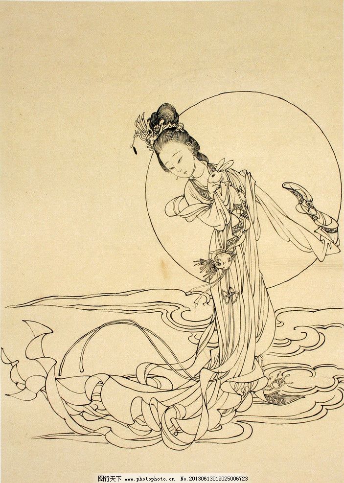 白描人物 古装 美女 女人 女性 女子 长裙 耳坠 头饰 凤钗 嫦娥奔月 神话 传说 月亮 祥云 兔子 动物 传统艺术 国画 工笔 线描 古典 中国风 蔡岚工笔人物白描 绘画书法 文化艺术 设计 72DPI JPG