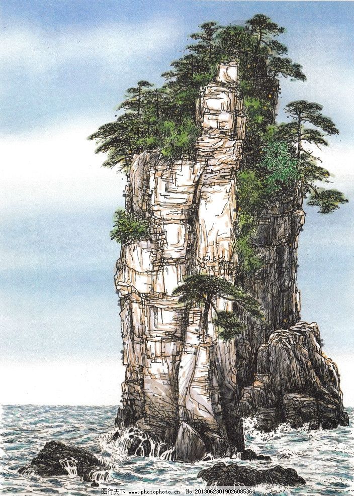 海上风景 水彩风景 水彩画 海边写生 淡彩海水 海滩风景 海岸石