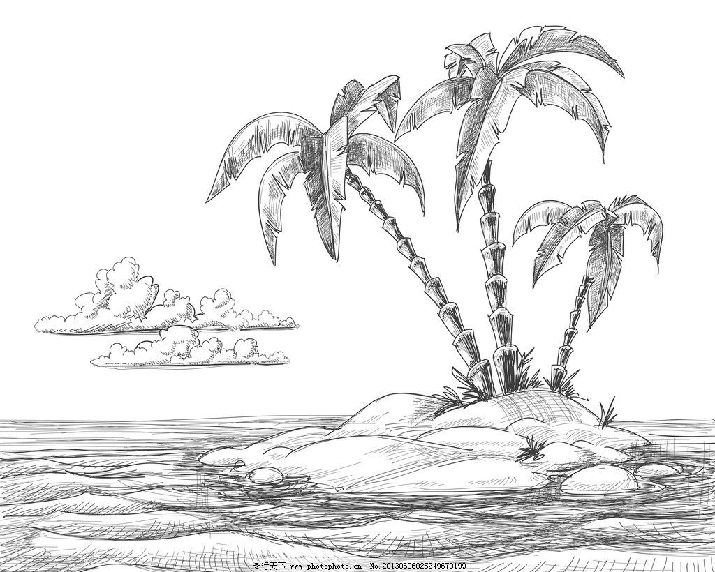 椰树海滩风景简笔画黑白,海滩风景简笔画,海滩椰子树简笔画_大山谷图库